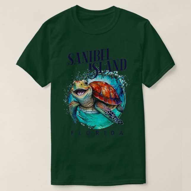 Camiseta Sanibel Island Florida Watercolor Happy Sea Turtle (Frente do Design)