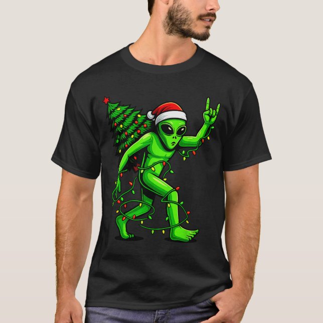 Camiseta Santa Alien Christmas Tree Xmas Lights Funny Ufo  (Frente)