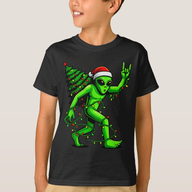 Camiseta Santa Alien Christmas Tree Xmas Lights Funny Ufo  (Frente)
