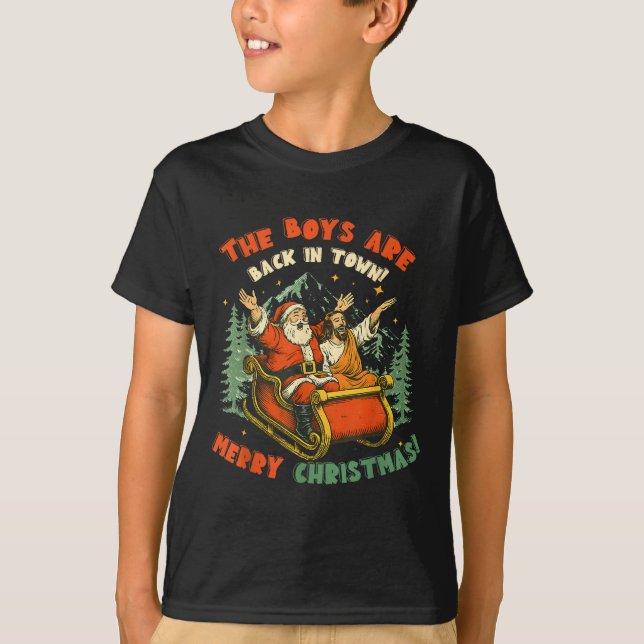 Camiseta Santa &amp; Jesus Back In Town Merry Christmas, Ho (Frente)