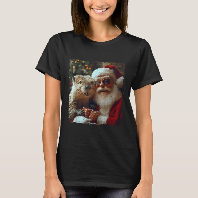 Camiseta Santa And Beaver Selfie Funny Christmas Design  (Frente)