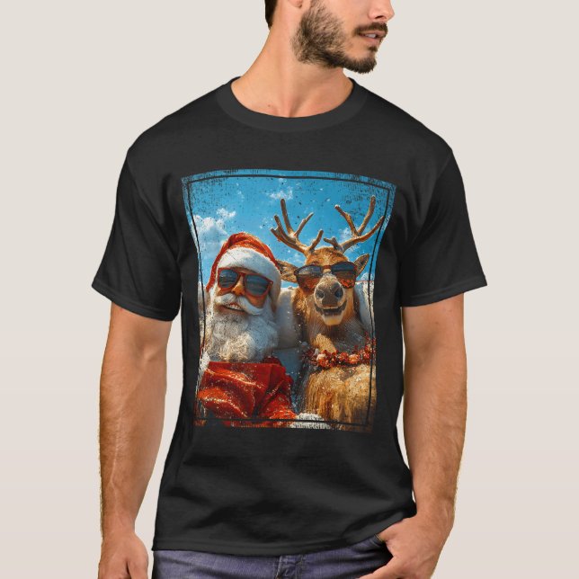 Camiseta Santa And Reindeer Selfie Funny Christmas Vacation (Frente)