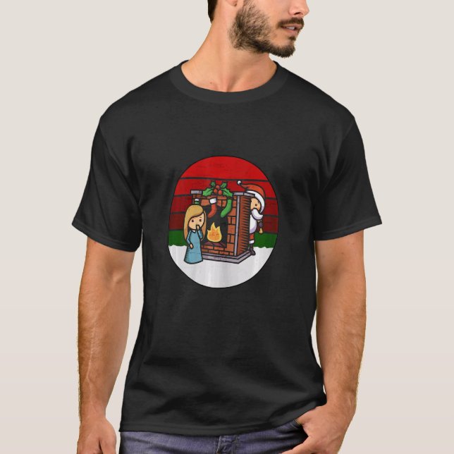 Camiseta Santa Behind Chimney And Girl Christmas XMas Vinta (Frente)