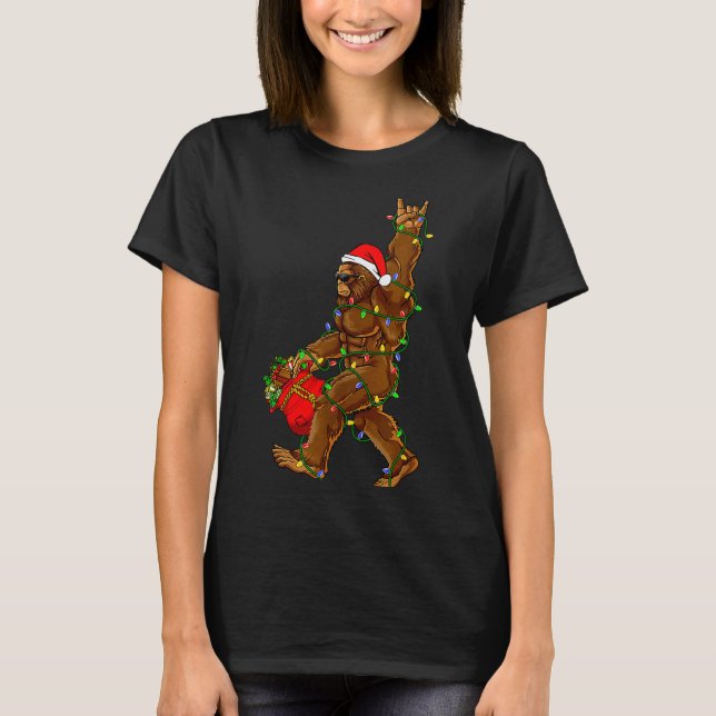 Camiseta Santa Bigfoot Christmas Lights Funny Sasquatch Bel (Frente)