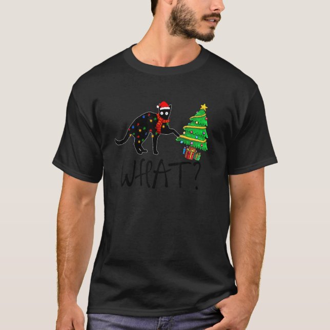Camiseta Santa Black Cat and Christmas Light  What (Frente)