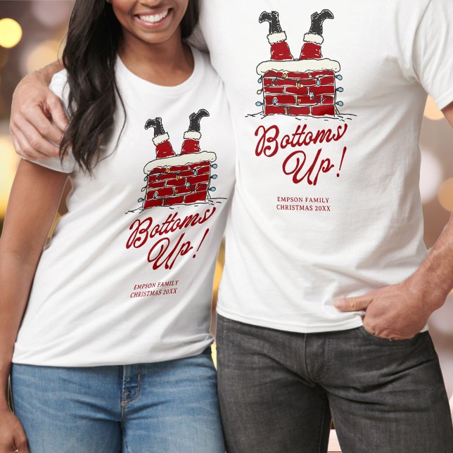Camiseta Santa Bottoms Up Funny Matching Holiday Party (White Christmas t-shirts with Santa upside down in a chimney, whimsical lights, red “Bottoms Up!” )