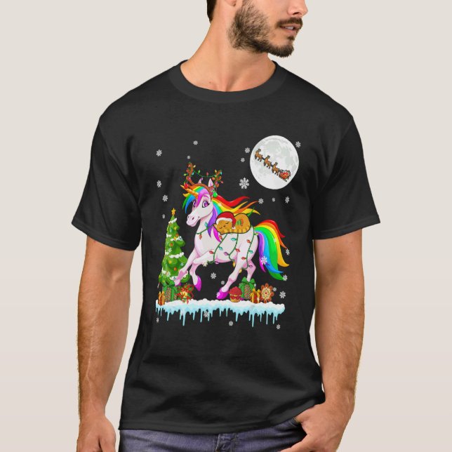 Camiseta Santa Cat Ridding Reindeer Unicorn Christmas Tree (Frente)