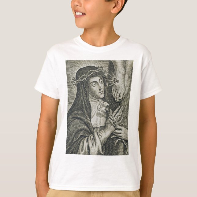 Camiseta Santa Catarina de Siena Crucificação Arte Noir Fé (Frente)