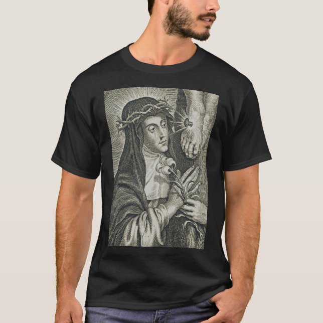 Camiseta Santa Catarina de Siena Crucificação Arte Noir Fé (Frente)