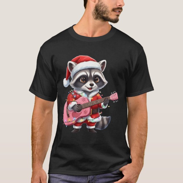 Camiseta Santa Christmas Raccoon Playing Nk Guitar  (Frente)