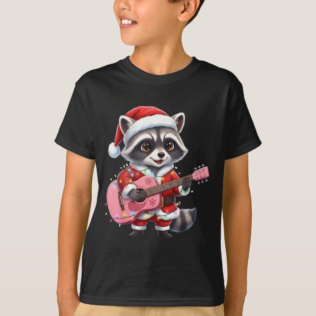 Camiseta Santa Christmas Raccoon Playing Nk Guitar  (Frente)