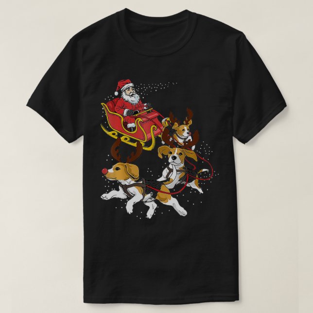 Camiseta Santa Claus Andando Beagle Dog Reindeer Feliz Chri (Frente do Design)