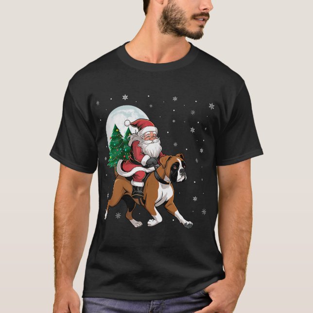 Camiseta Santa Claus Andando Cachorro Engraçado Árvore de N (Frente)