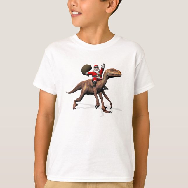 Camiseta Santa Claus Andando Em Deinonychus (Frente)