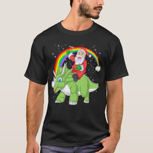 Camiseta santa claus andando triceratops natal (Frente)