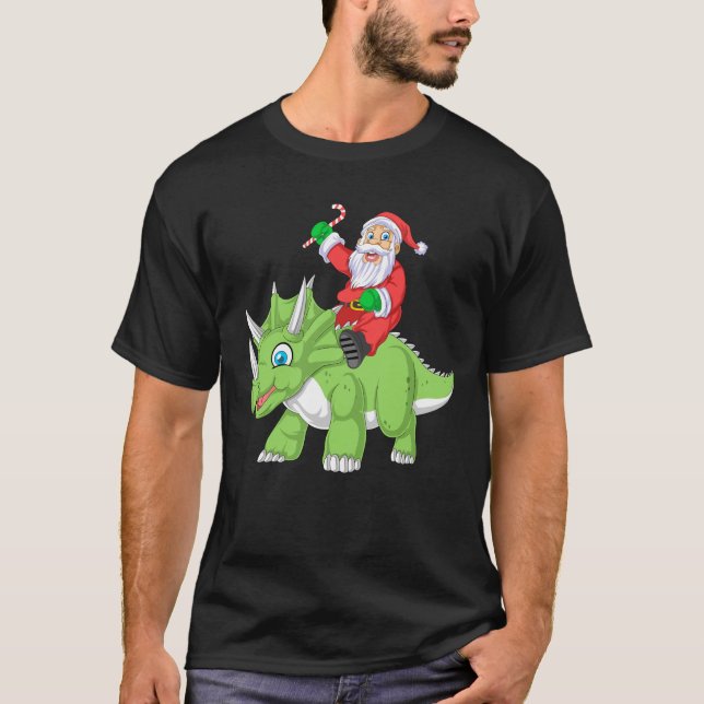 Camiseta santa claus andando triceratops natal (Frente)