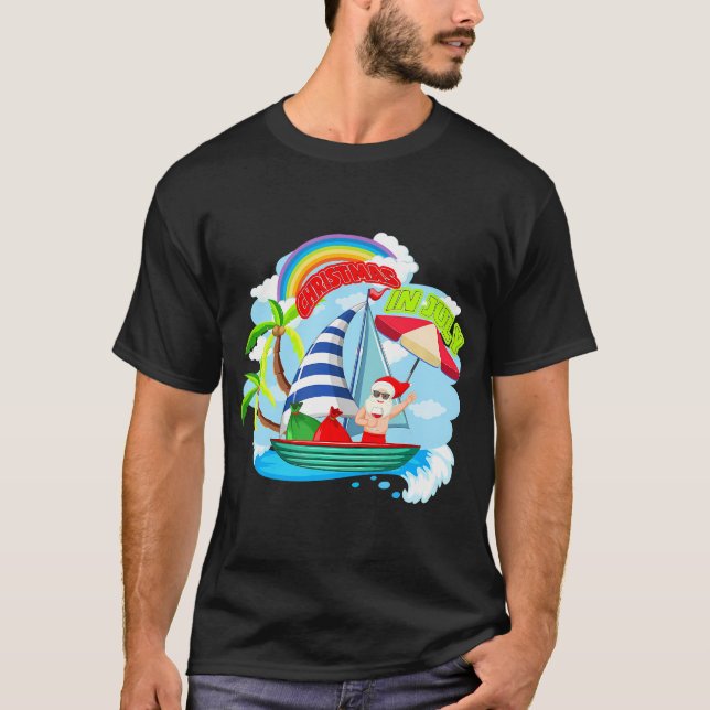 Camiseta Santa Claus Beach Boat Summer Christmas Em Julho (Frente)
