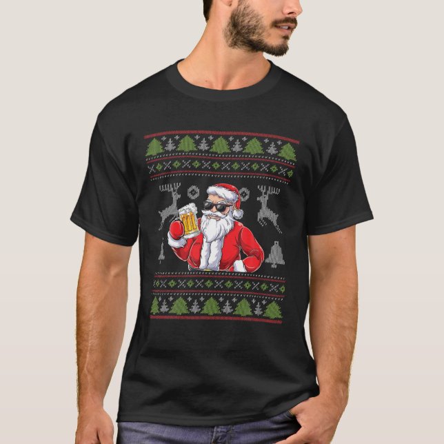 Camiseta Santa Claus Drinking Beer - Sunglasses Christmas U (Frente)