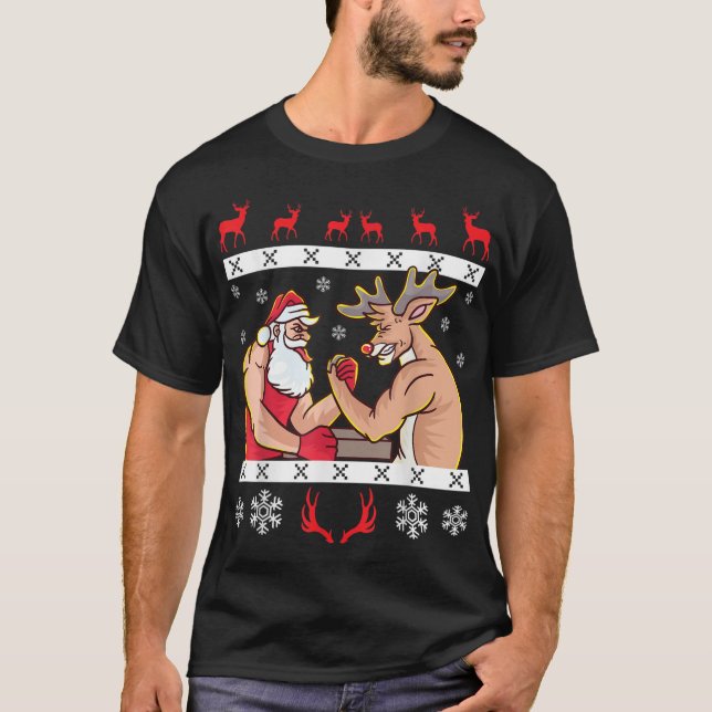 Camiseta Santa Claus e Reindeer Arm Luta Cristo Feia (Frente)