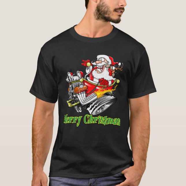 Camiseta Santa Claus Hot Rod Sleigh Merry Christmas Classic (Frente)