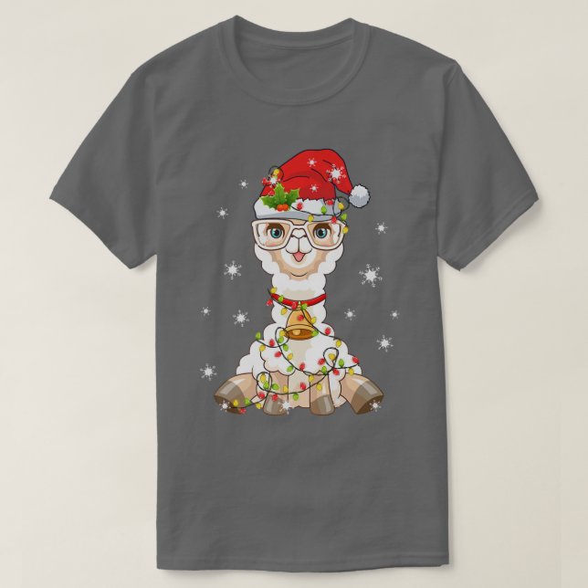 Camiseta Santa Claus Llama Alpaca Xmas Tree Lights Feliz Ch (Frente do Design)