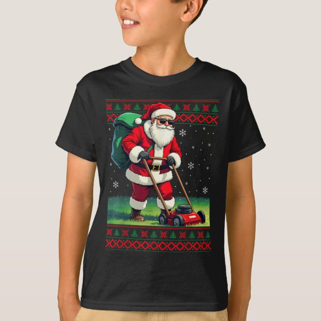 Camiseta Santa Claus Mowing Lawn Ugly Christmas Holiday Boy (Frente)