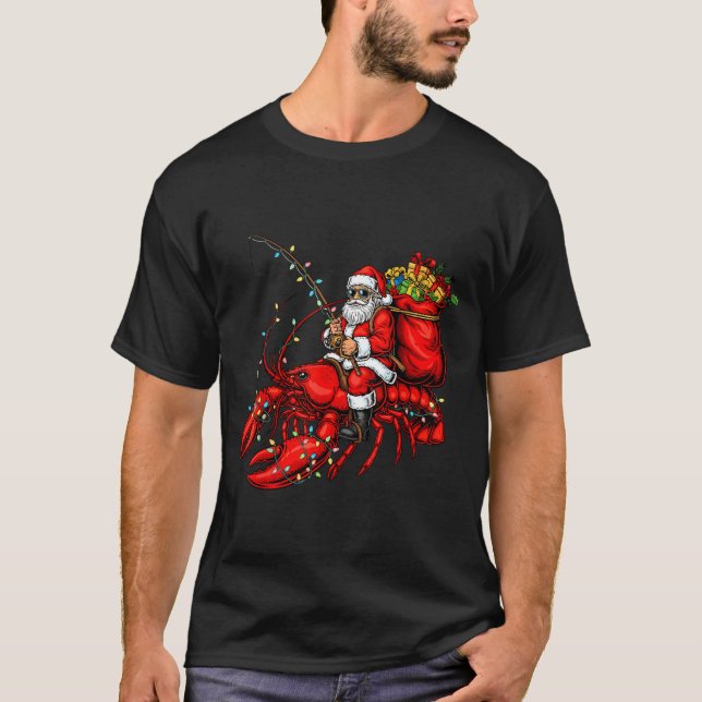 Camiseta Santa Claus Riding Lobster Lights Christmas Fishin (Frente)