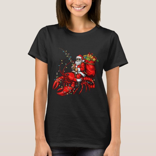 Camiseta Santa Claus Riding Lobster Lights Christmas Fishin (Frente)