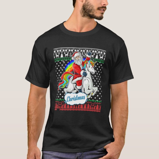 Camiseta Santa Claus Riding On A Unicorn Ugly Christmas Swe (Frente)