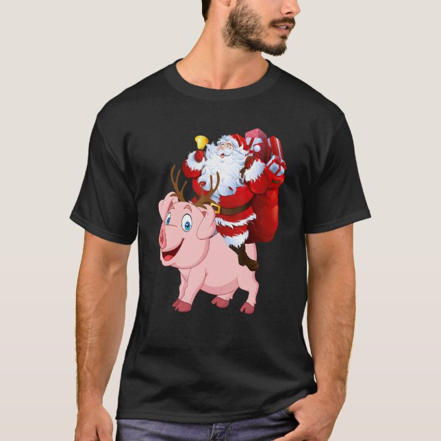 Camiseta Santa Claus Riding Pig Reindeer Natal Pajama (Frente)