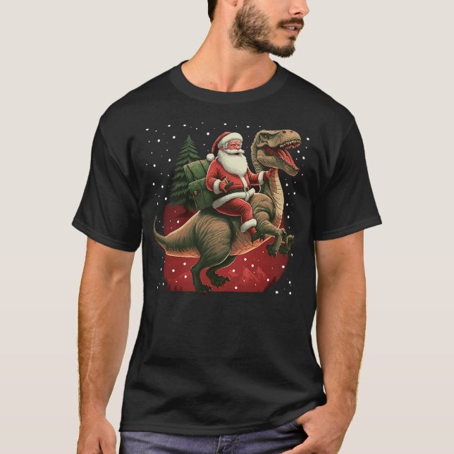 Camiseta Santa Claus riding Tyrannosaurus Rex Christmas Din (Frente)
