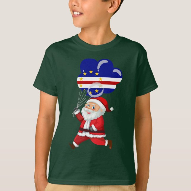 Camiseta Santa Claus Segurando Bandeira Cabo Verde (Frente)