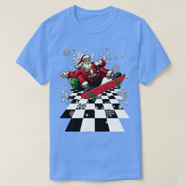 Camiseta Santa Claus Skateboard Skateboard Snowflakes Ch (Frente do Design)