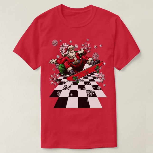 Camiseta Santa Claus Skateboard Skateboard Snowflakes Ch (Frente do Design)