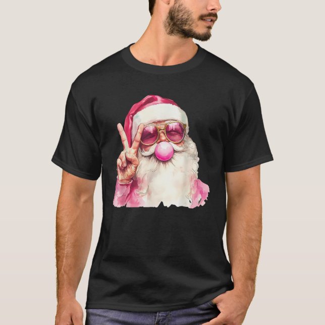 Camiseta Santa Claus Soprando Goma-Bolha Rosa Óculos-de-sol (Frente)