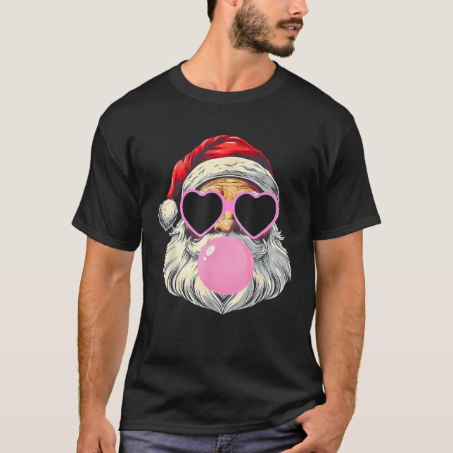 Camiseta Santa Claus Soprando Goma-Bolha Rosa Óculos-de-sol (Frente)