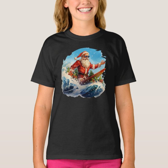 Camiseta Santa Claus Surfing Shredding Waves Girls T-Shirt (Frente)