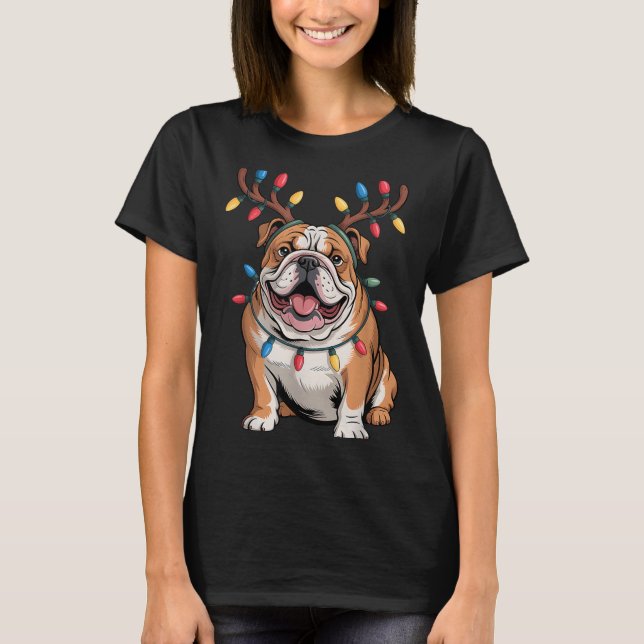 Camiseta Santa English Bulldog Reindeer Light Christmas  (Frente)