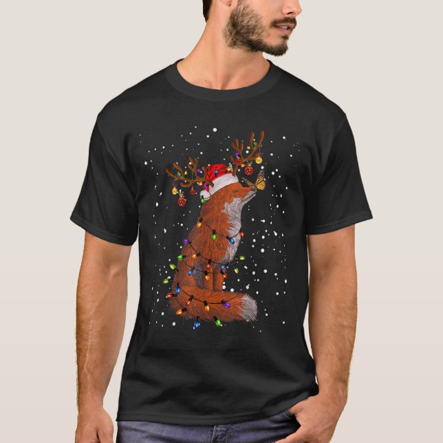 Camiseta Santa Fox Tangled Up In Christmas Tree Lights Foxe (Frente)