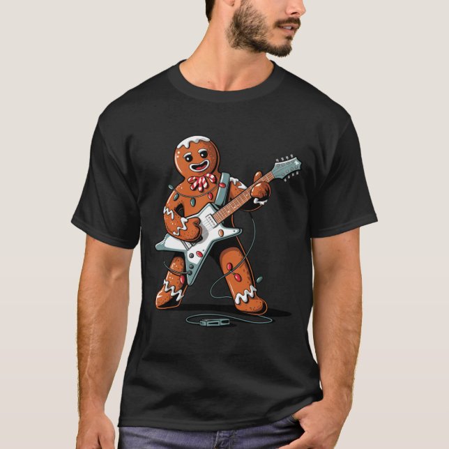 Camiseta Santa Gingerbread Playing Guitar Funny Christmas P (Frente)