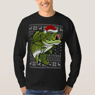 Camiseta Santa Hat Bass Fish Xmas Lighting Ugly Bass Cristo