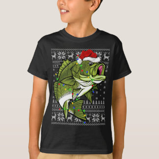 Camiseta Santa Hat Bass Fish Xmas Lighting Ugly Bass Cristo