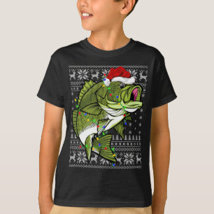 Camiseta Santa Hat Bass Fish Xmas Lighting Ugly Bass Cristo
