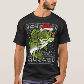 Camiseta Santa Hat Bass Fish Xmas Lighting Ugly Bass Cristo