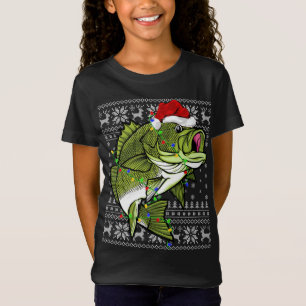 Camiseta Santa Hat Bass Fish Xmas Lighting Ugly Bass Cristo