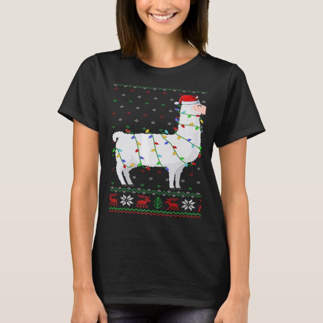 Camiseta Santa Hat Llama Xmas Lights Ugly Llama Christmas (Frente)