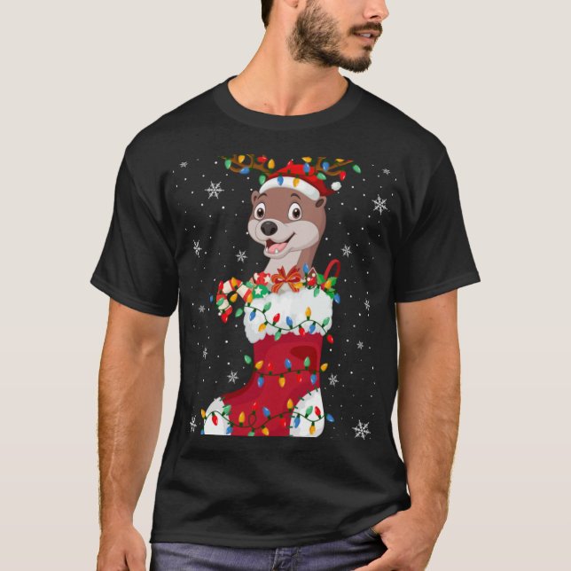 Camiseta Santa Hat Otter Animal In Socks Xmas Tree Lights T (Frente)