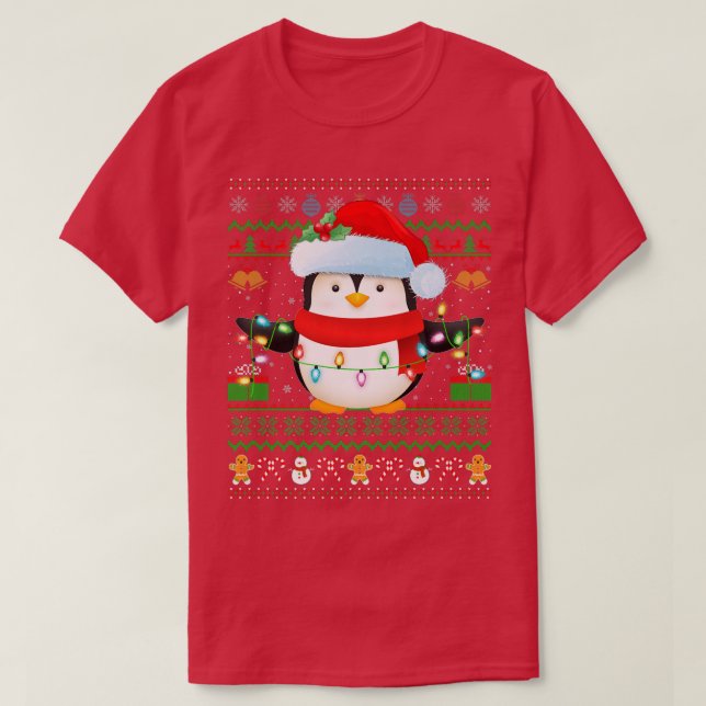 Camiseta Santa Hat Penguin Bird Xmas Luz Feia Pinguim Ch (Frente do Design)