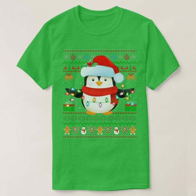 Camiseta Santa Hat Penguin Bird Xmas Luz Feia Pinguim Ch (Frente do Design)