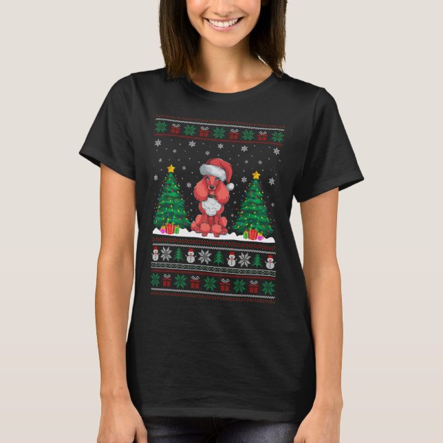 Camiseta Santa Hat Poodle Cão Árvore de Natal Luzes Feias (Frente)